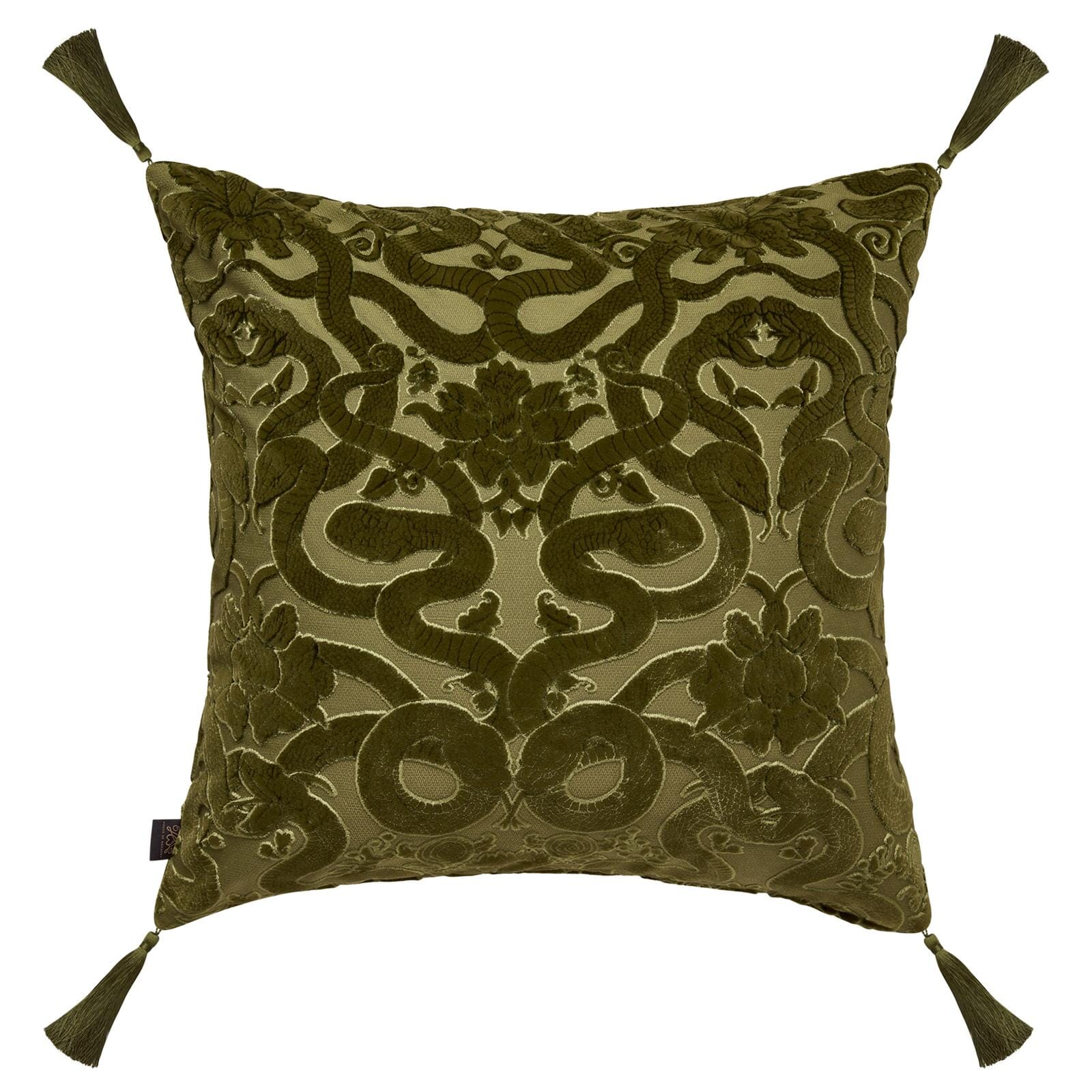 ANACONDA Large Tassel Cut-Velvet Cushion - Olive Green