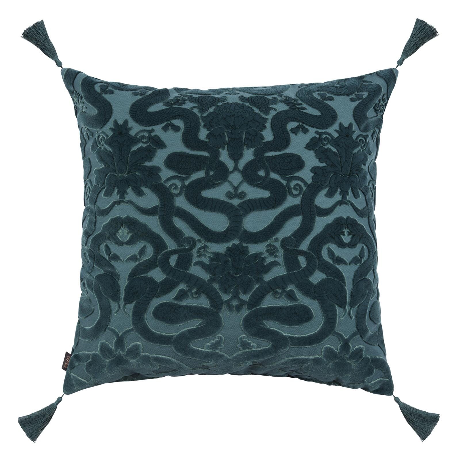 ANACONDA Large Tassel Cut-Velvet Cushion - Petrol