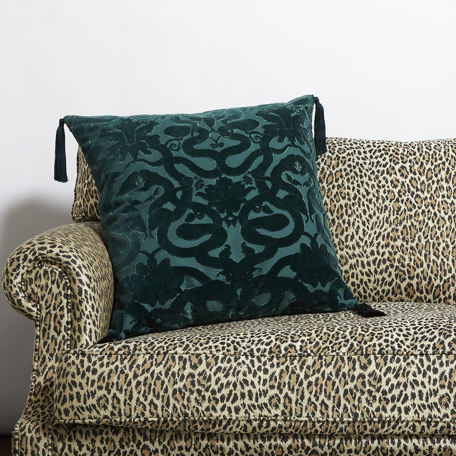 ANACONDA Large Tassel Cut-Velvet Cushion - Petrol