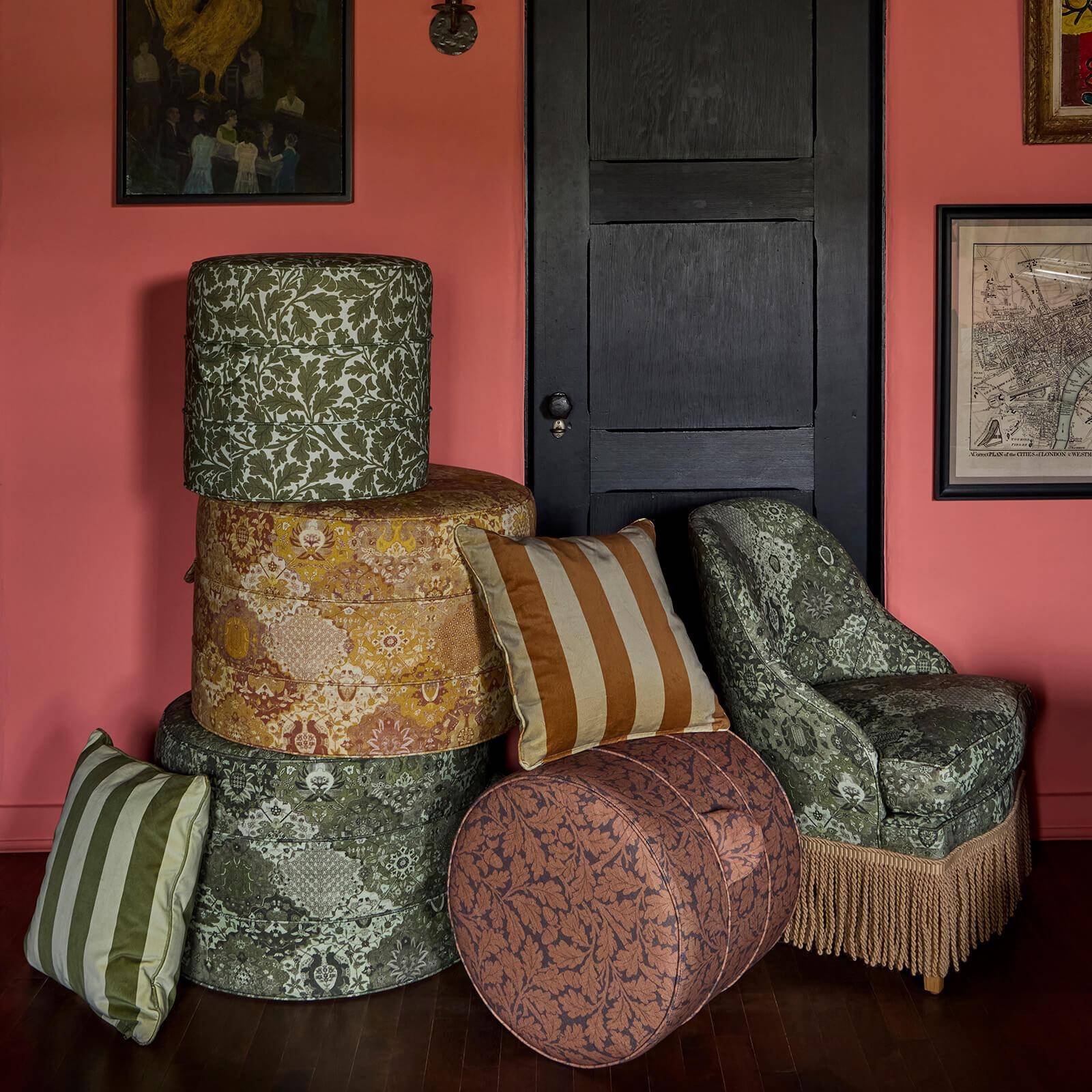 CASPAR Linen Medium Round Hassock - Juniper