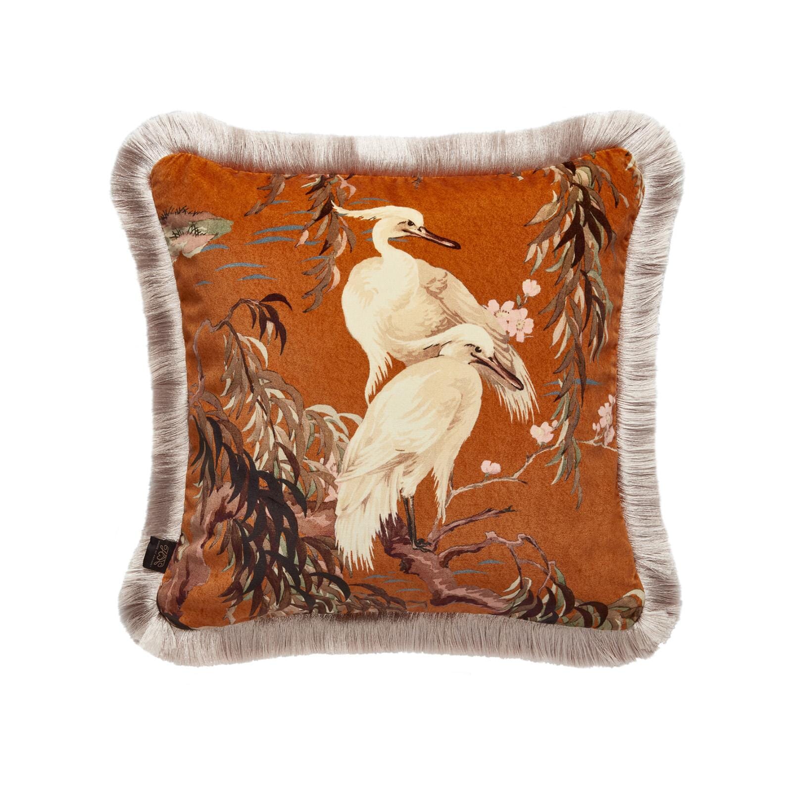 ZEUS Medium Fringed Velvet Cushion - Tobacco