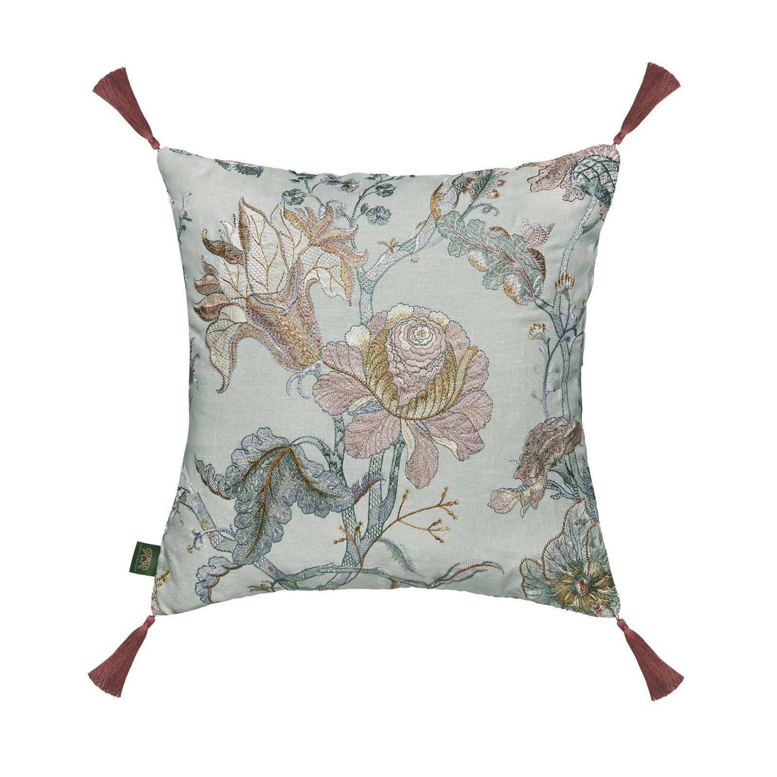 ARTEMIS Medium Tassel Embroidered Linen Cushion - Pistachio