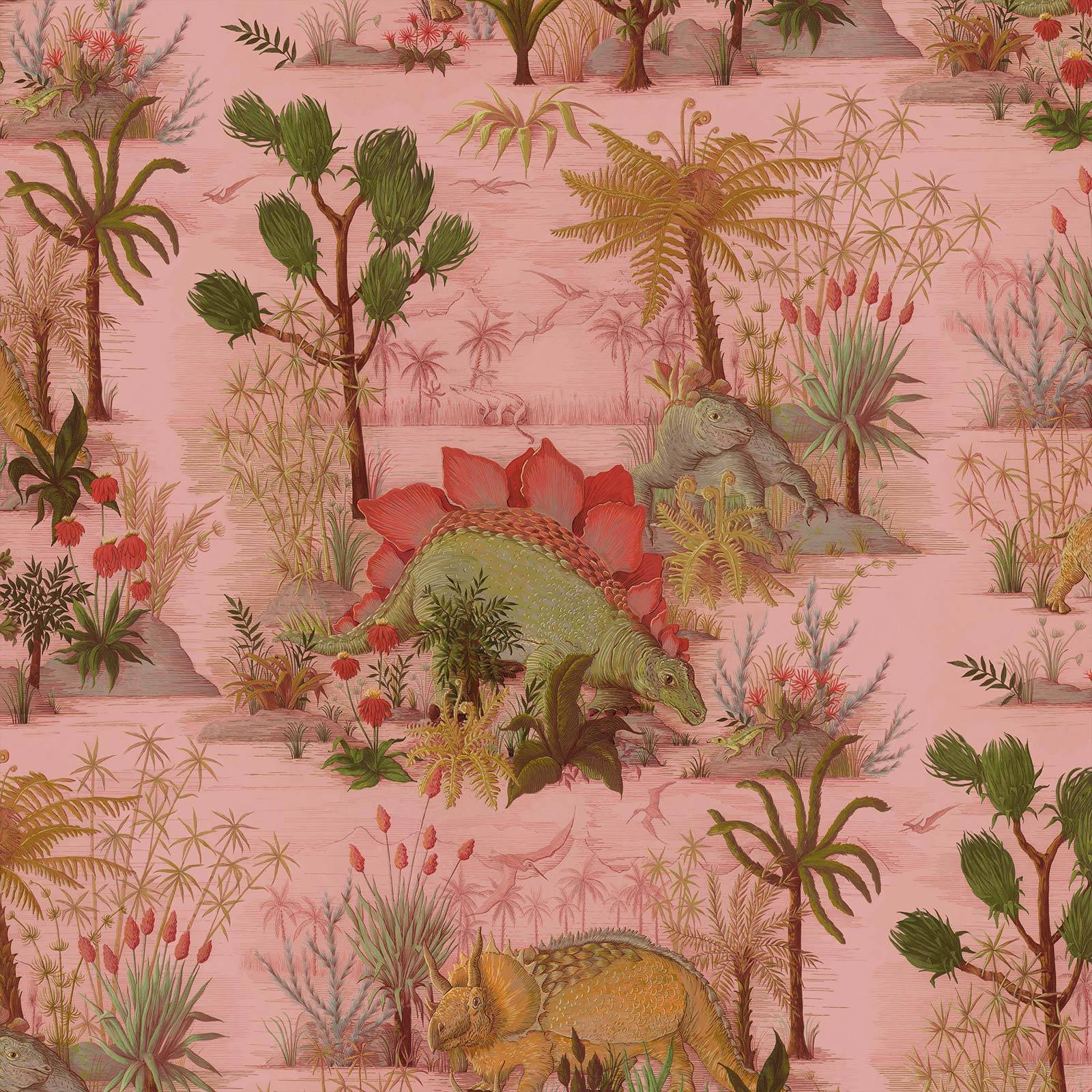 a pink wallpaper with dinosaurs and plants