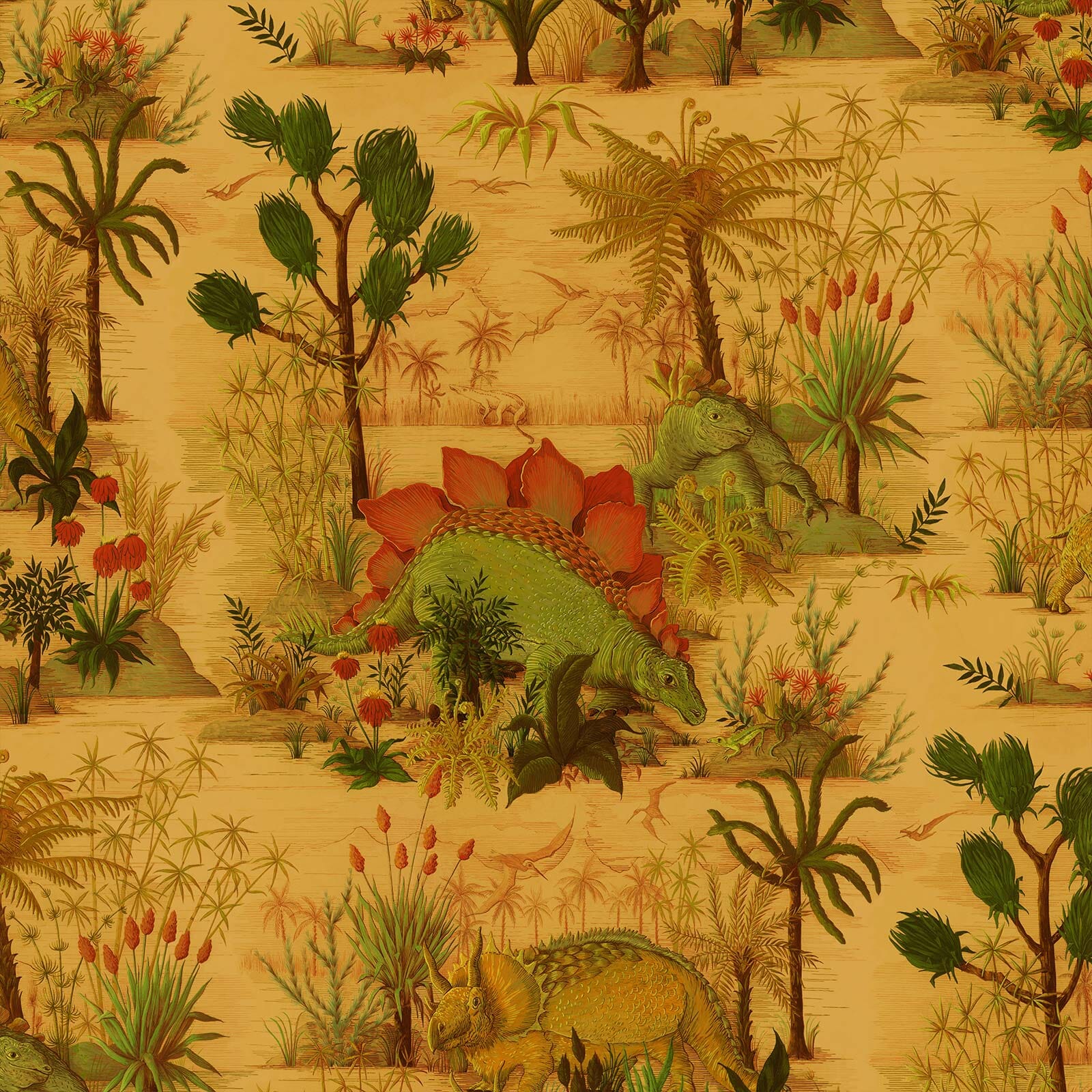 a wallpaper with a dinosaur and plants