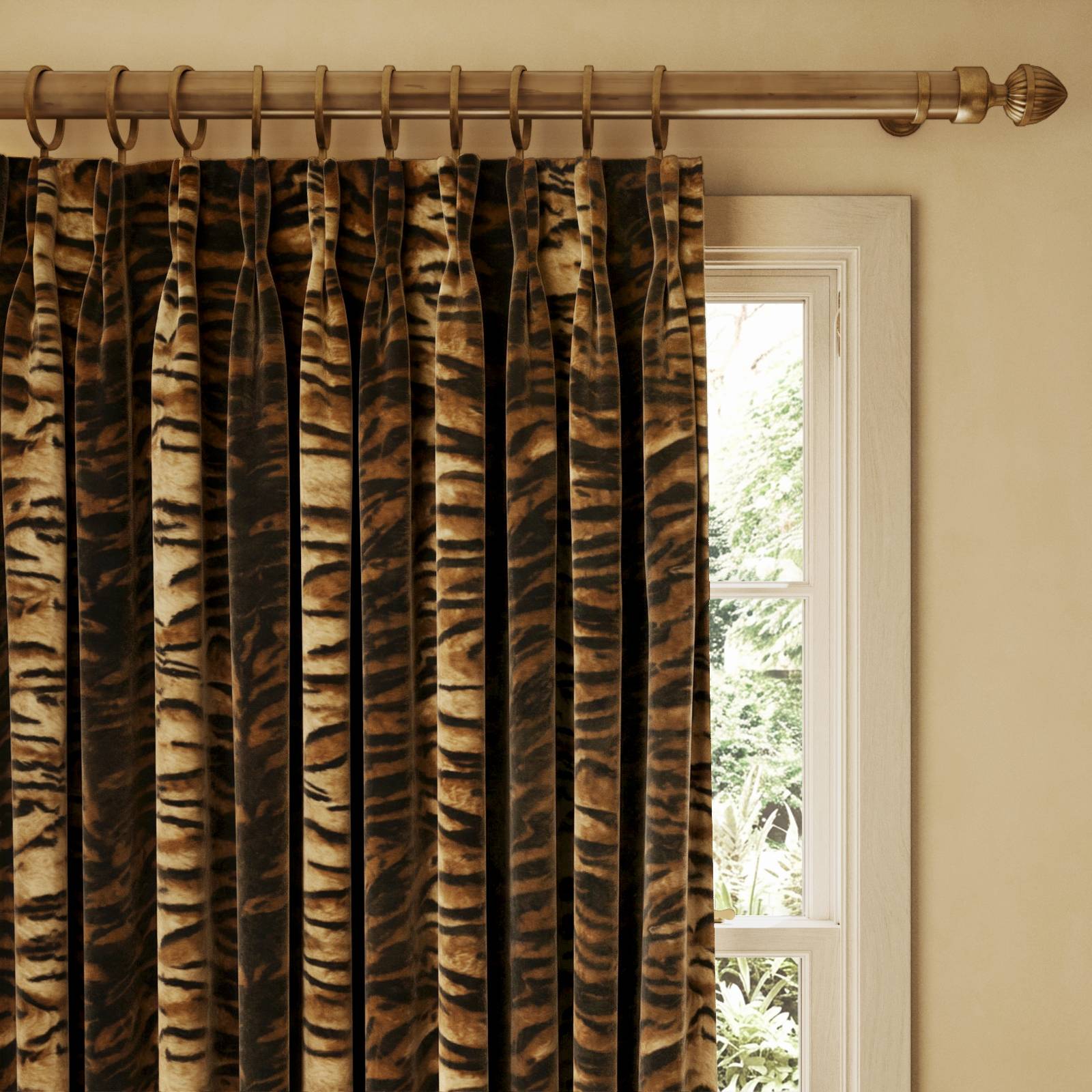 a curtain rod with a tiger print pattern
