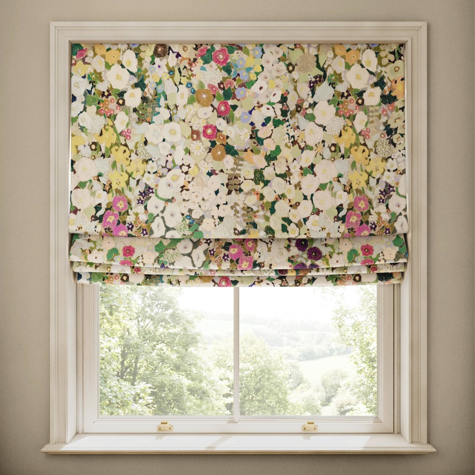 a window with a floral curtain