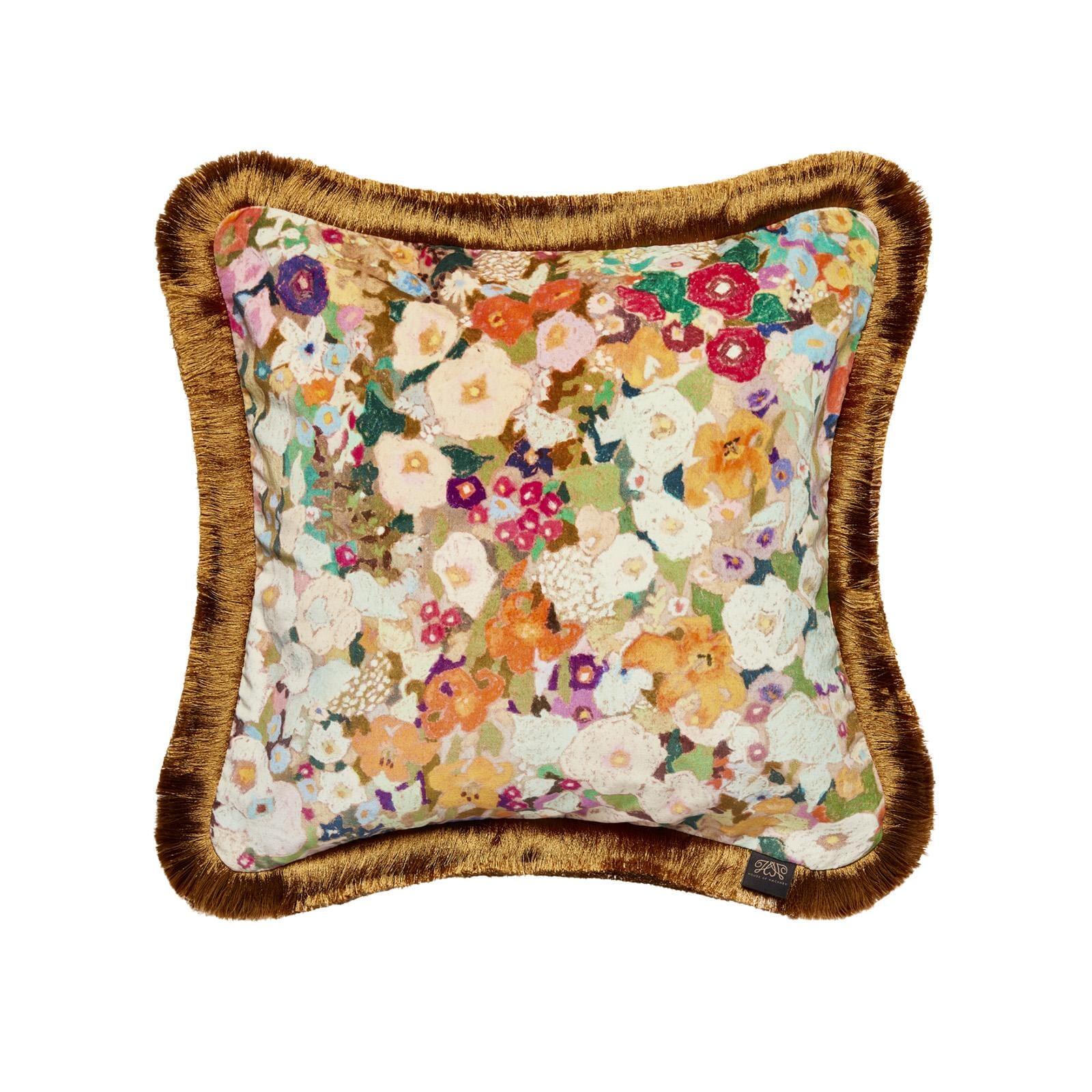 HOLLYHOCKS Medium Fringed Velvet Cushion - Spring
