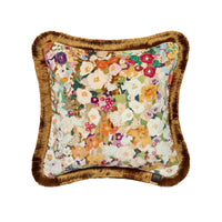 HOLLYHOCKS Medium Fringed Velvet Cushion - Spring