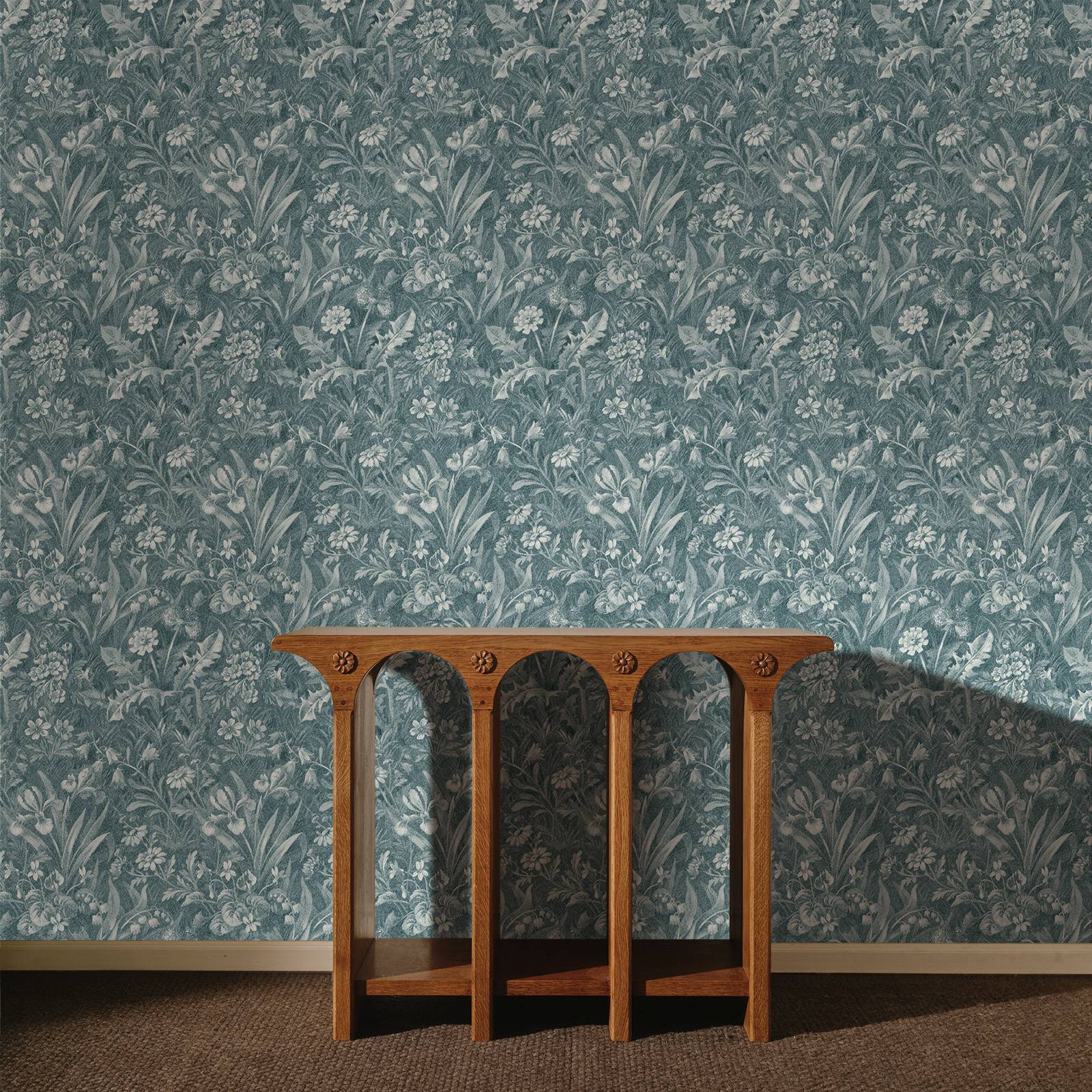 a wooden shelf in a room